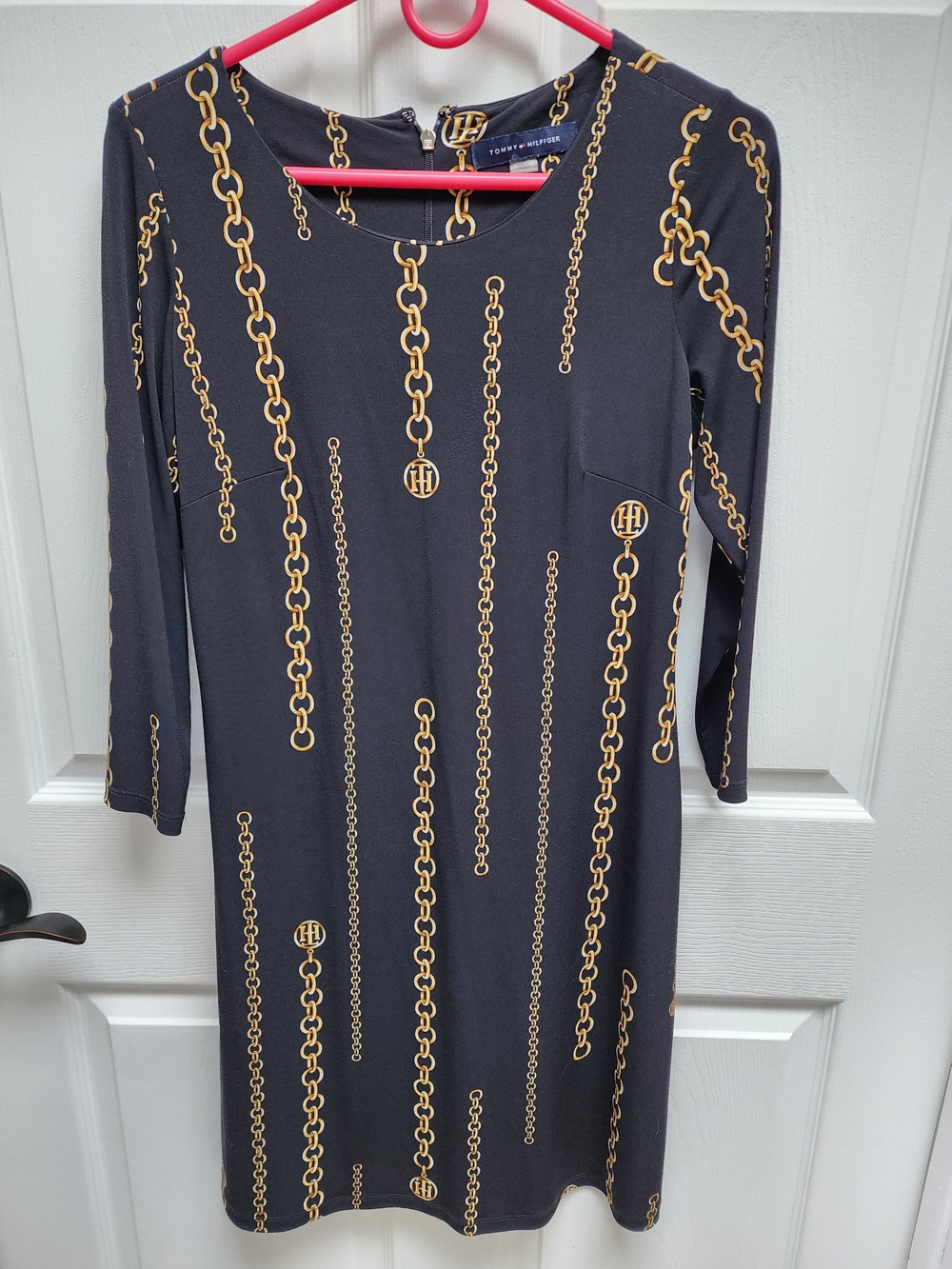 Tommy Hilfiger Black Dress with Gold Chain Print, 3/4 Sleeve